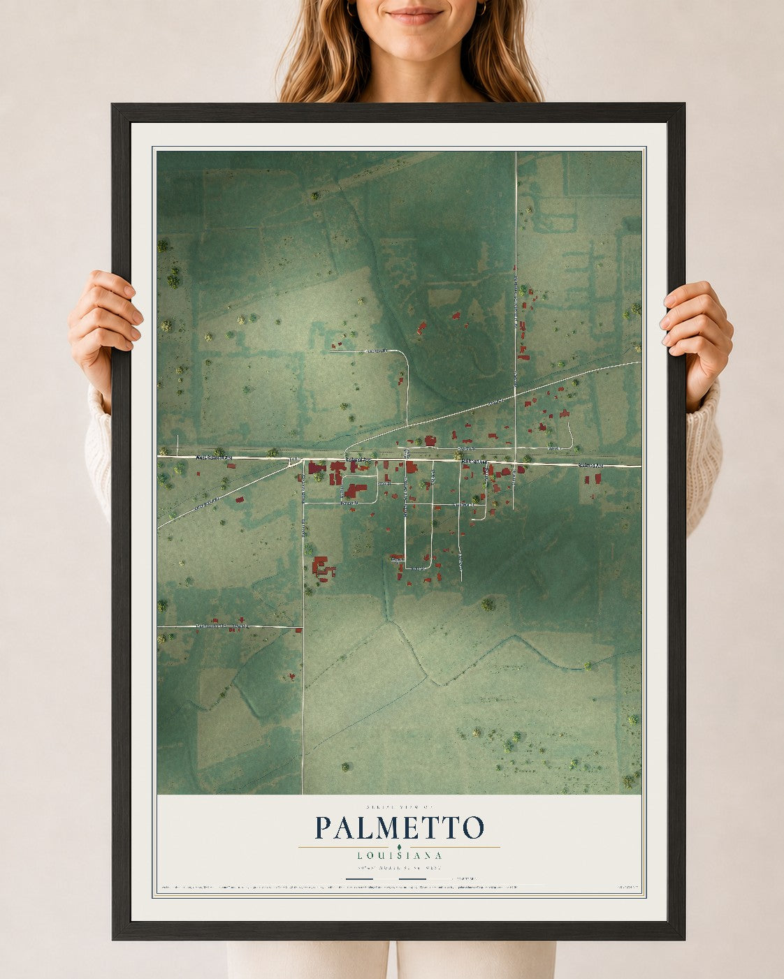 Map of Palmetto, Louisiana, 24 x 36 inch print in a black wood frame