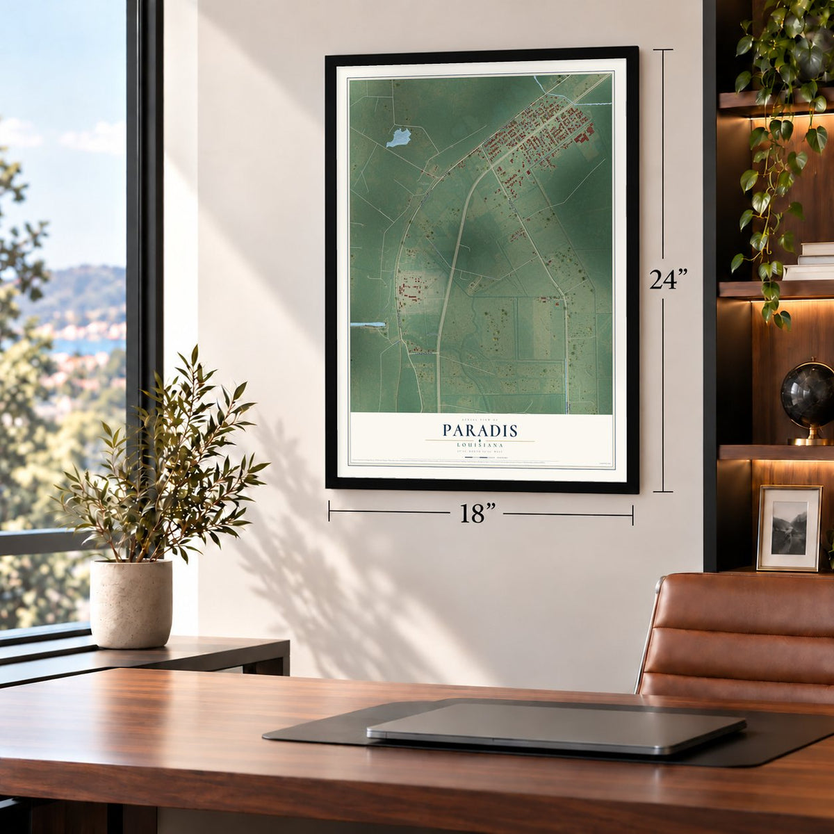 Paradis, Louisiana map, 18 x 24 inch print in a black frame in a home office
