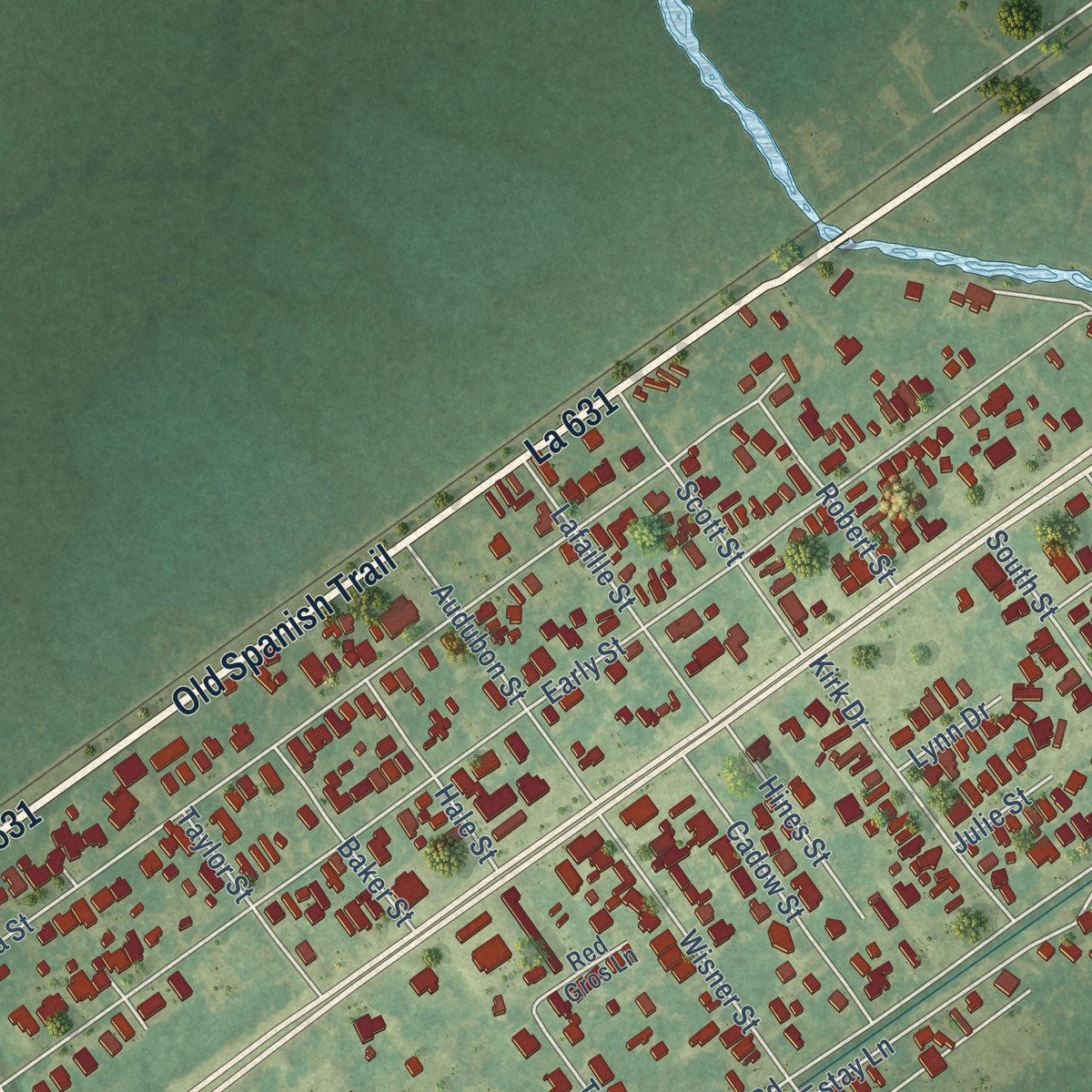 Close-up of the map of Paradis, Louisiana print showing street and building detail