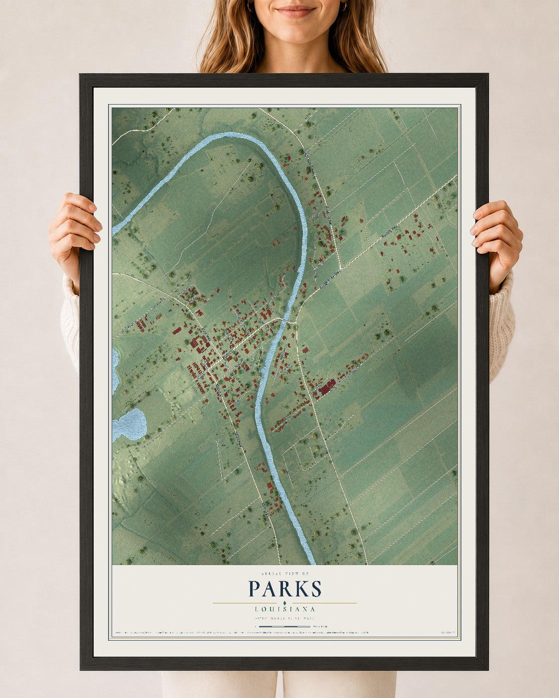Map of Parks, Louisiana, 24 x 36 inch print in a black wood frame