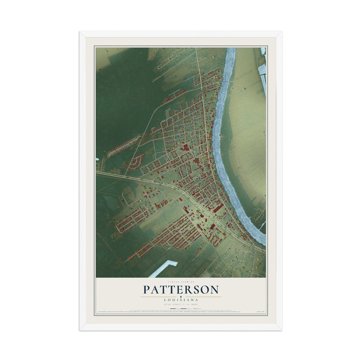 Map of Patterson, Louisiana, 12 x 18 inch print in a white wood frame