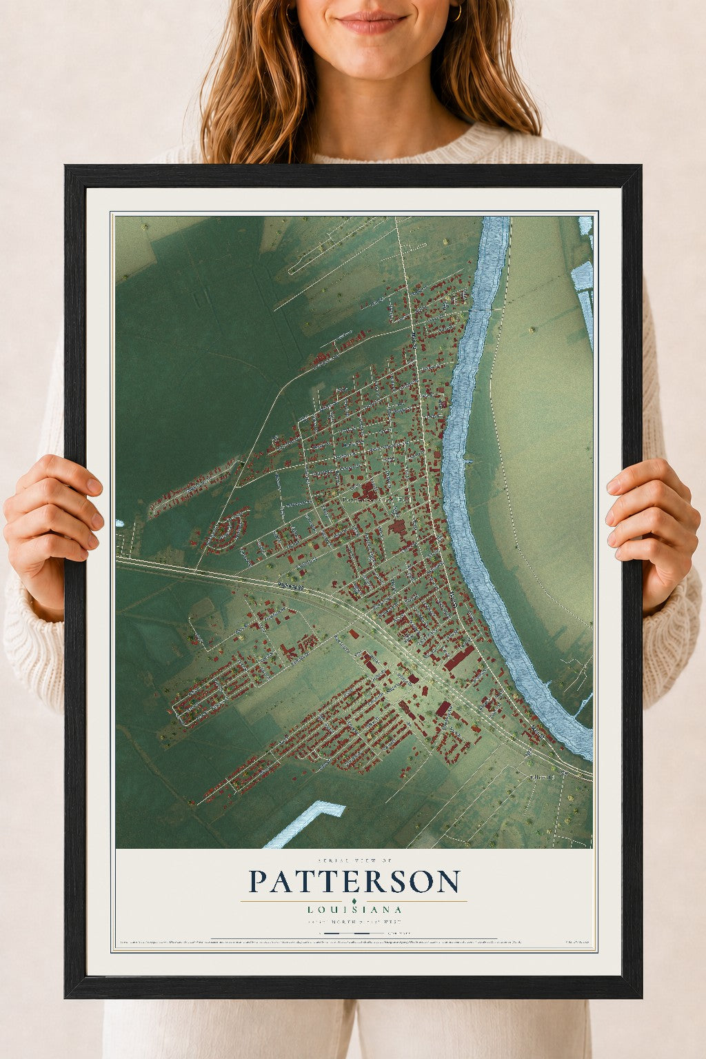 Map of Patterson, Louisiana, 18 x 24 inch print in a black wood frame