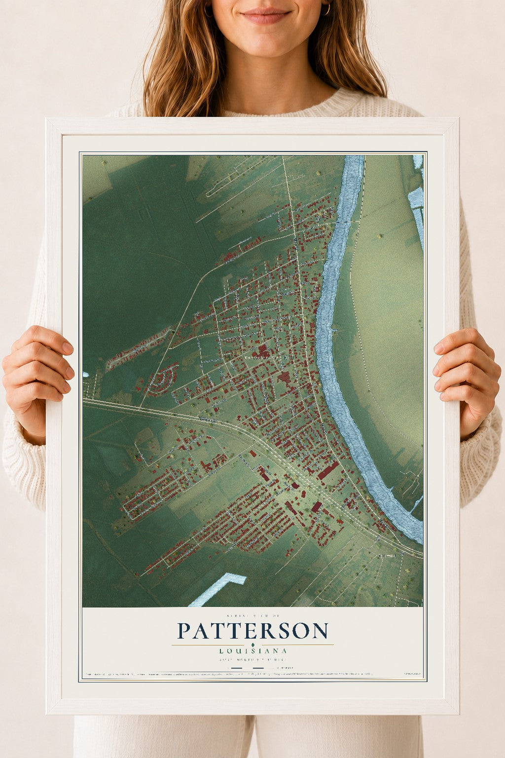Map of Patterson, Louisiana, 18 x 24 inch print in a white wood frame