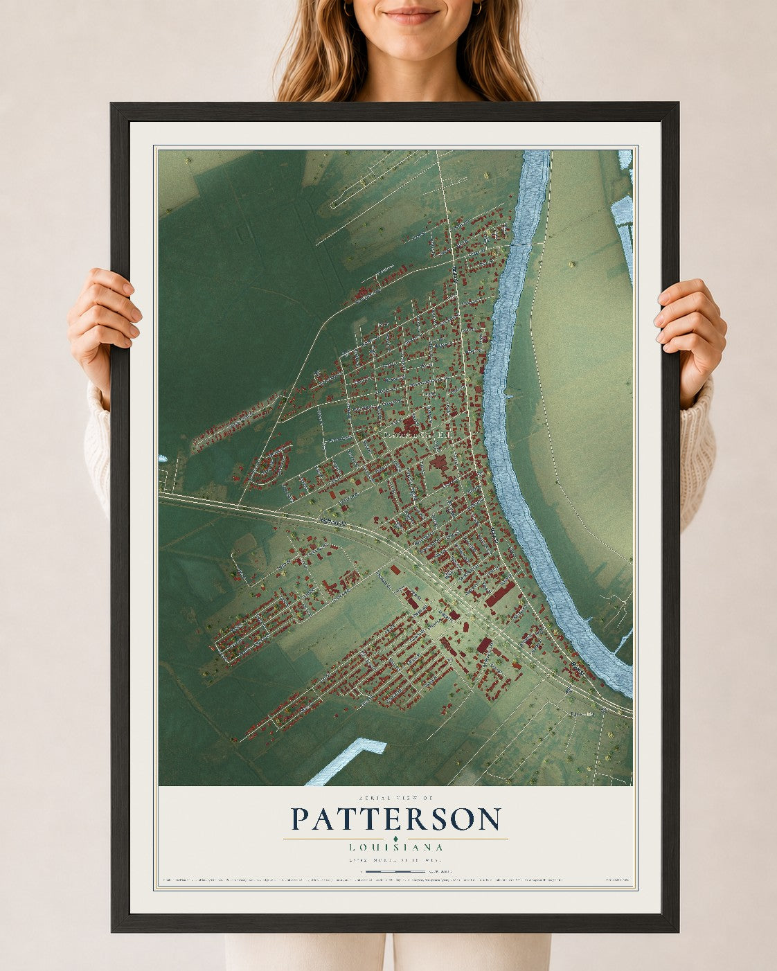 Map of Patterson, Louisiana, 24 x 36 inch print in a black wood frame