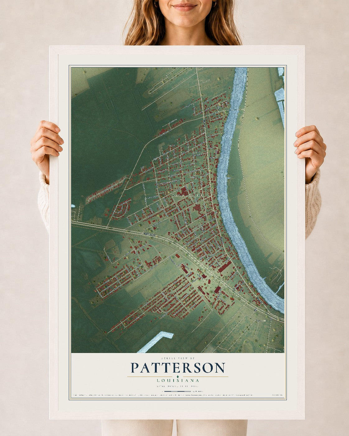 Map of Patterson, Louisiana, 24 x 36 inch print in a white wood frame