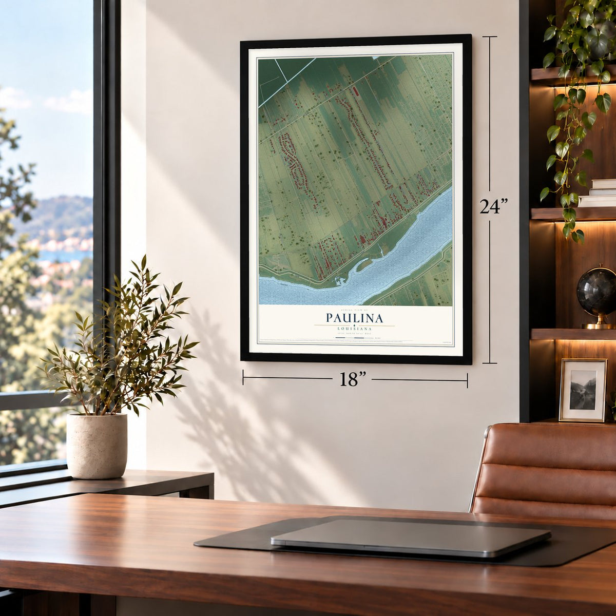 Paulina, Louisiana map, 18 x 24 inch print in a black frame in a home office