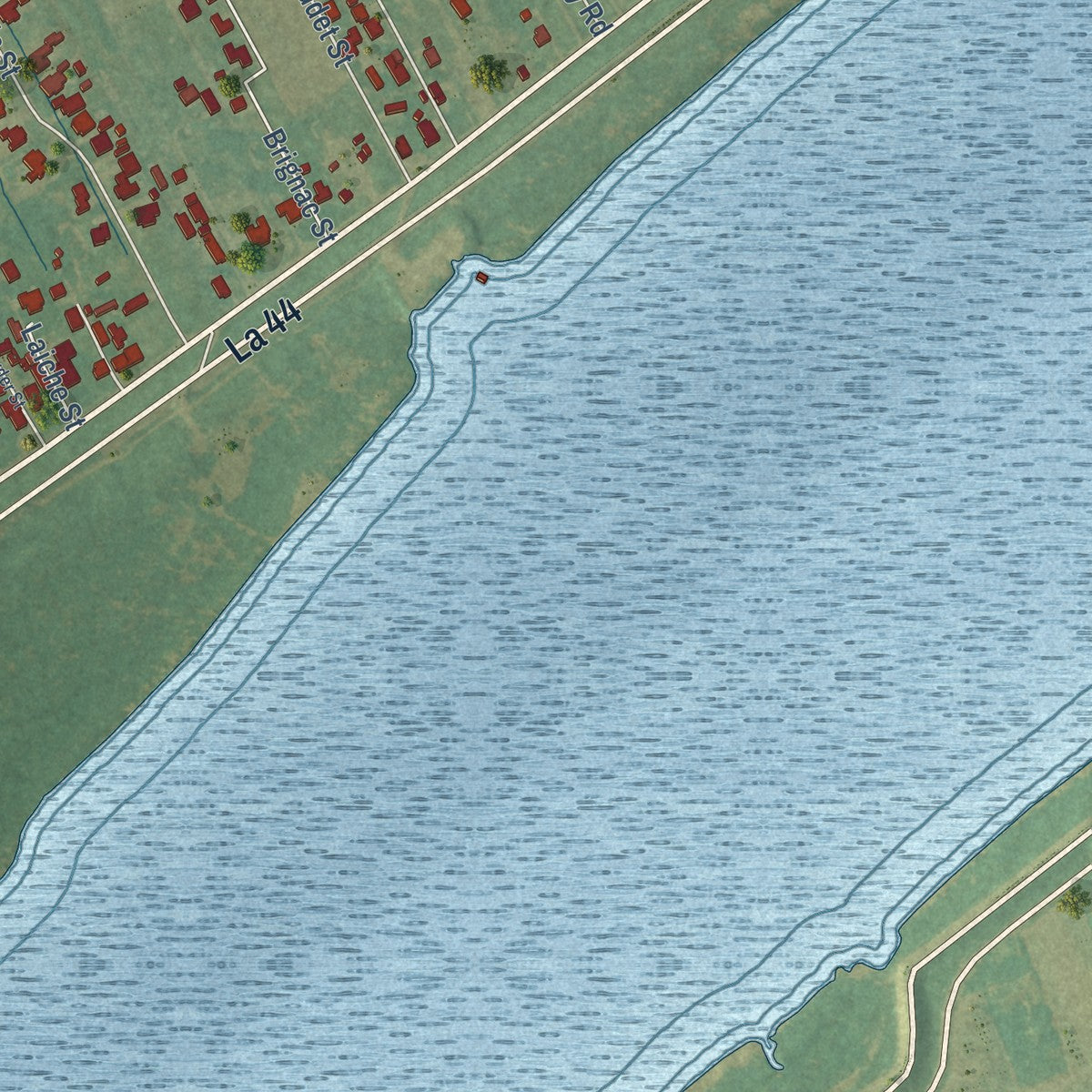 Close-up of the map of Paulina, Louisiana print showing street and building detail
