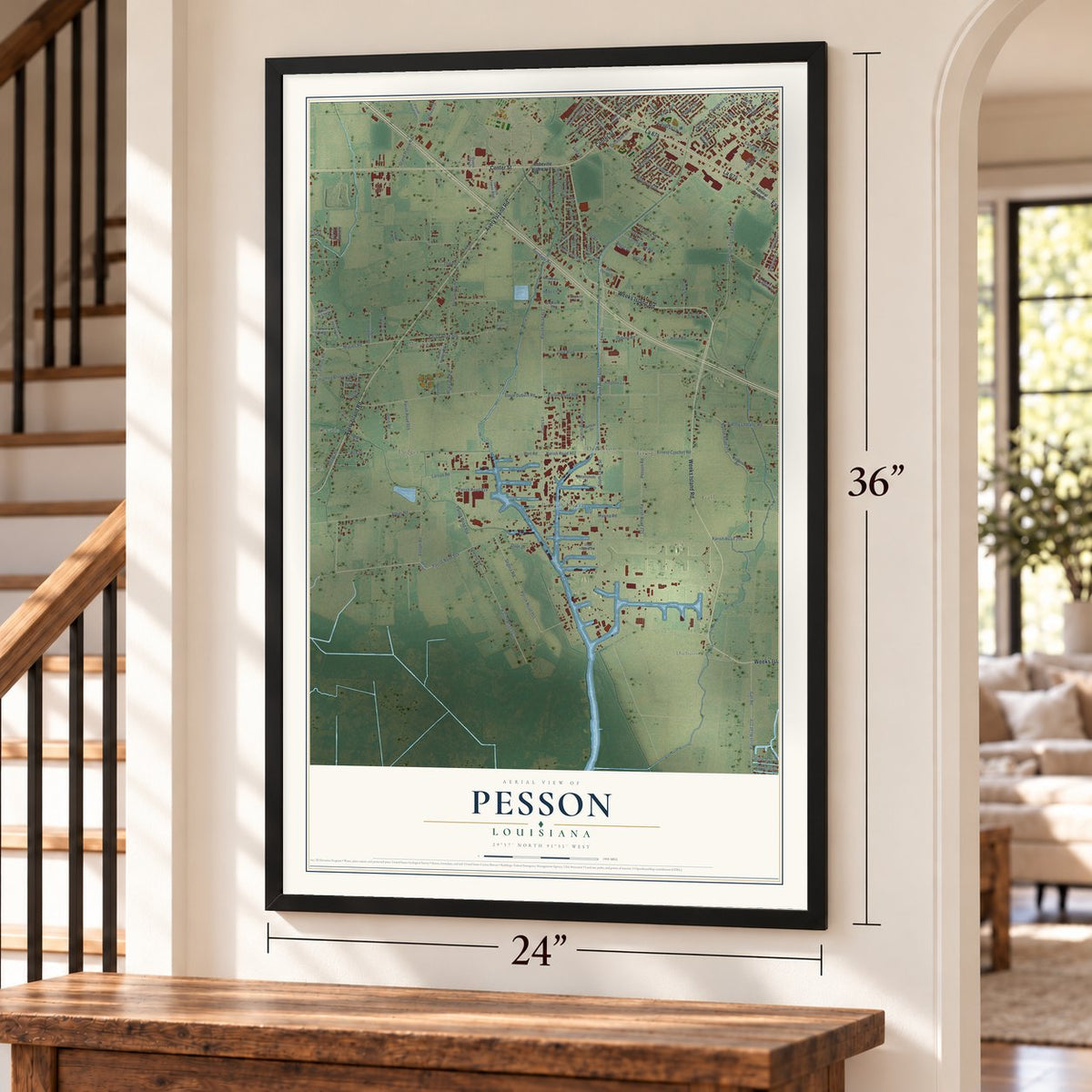 Pesson, Louisiana map, 24 x 36 inch print in a black frame by a staircase
