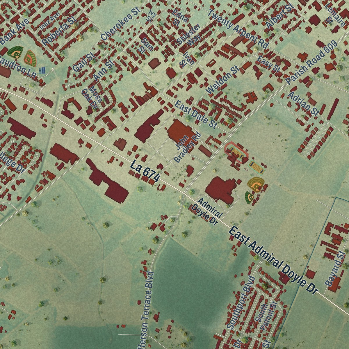 Close-up of the map of Pesson, Louisiana print showing street and building detail