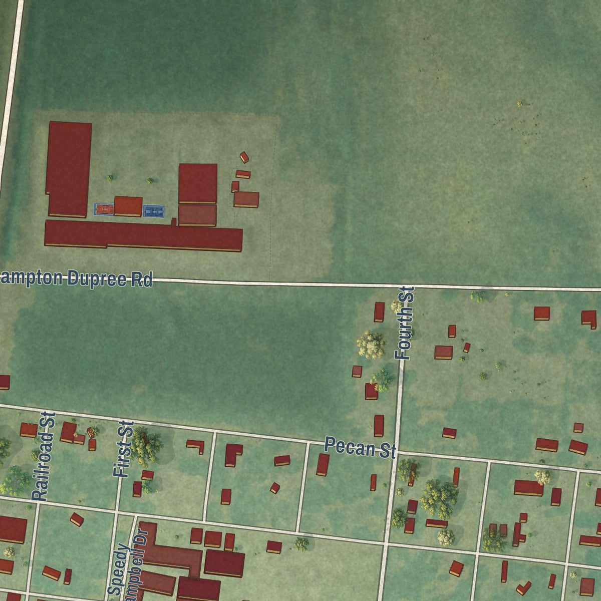 Second close-up of the map of Pine Prairie, Louisiana print showing more streets and buildings