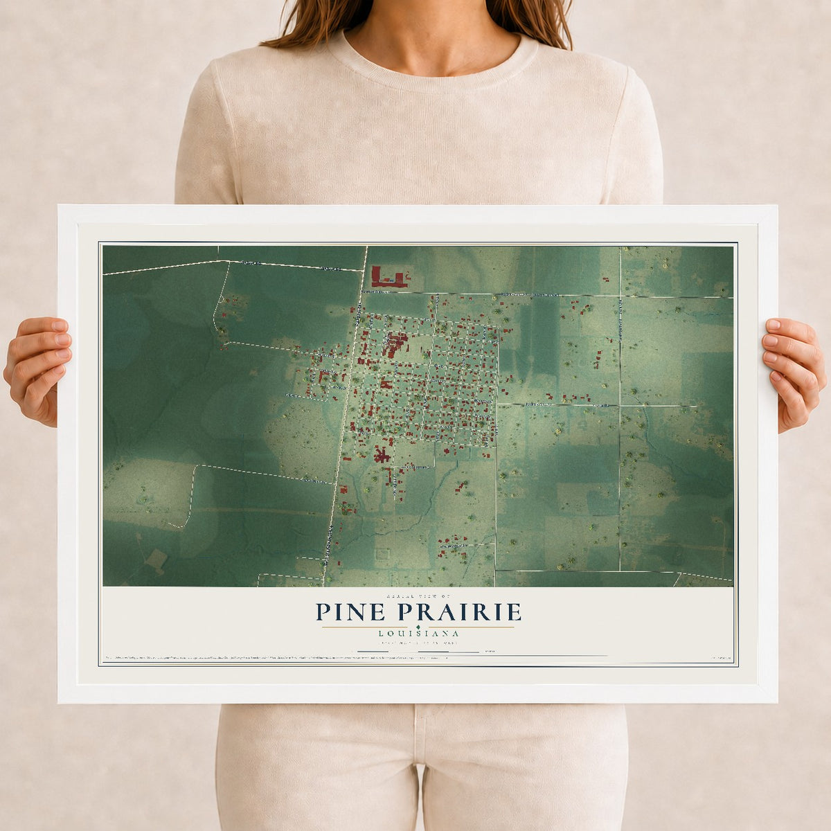 Map of Pine Prairie, Louisiana, 12 x 18 inch print in a white wood frame