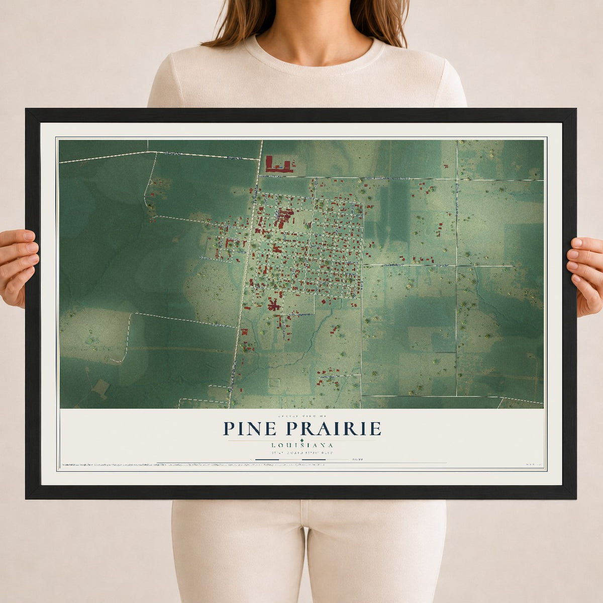 Map of Pine Prairie, Louisiana, 18 x 24 inch print in a black wood frame