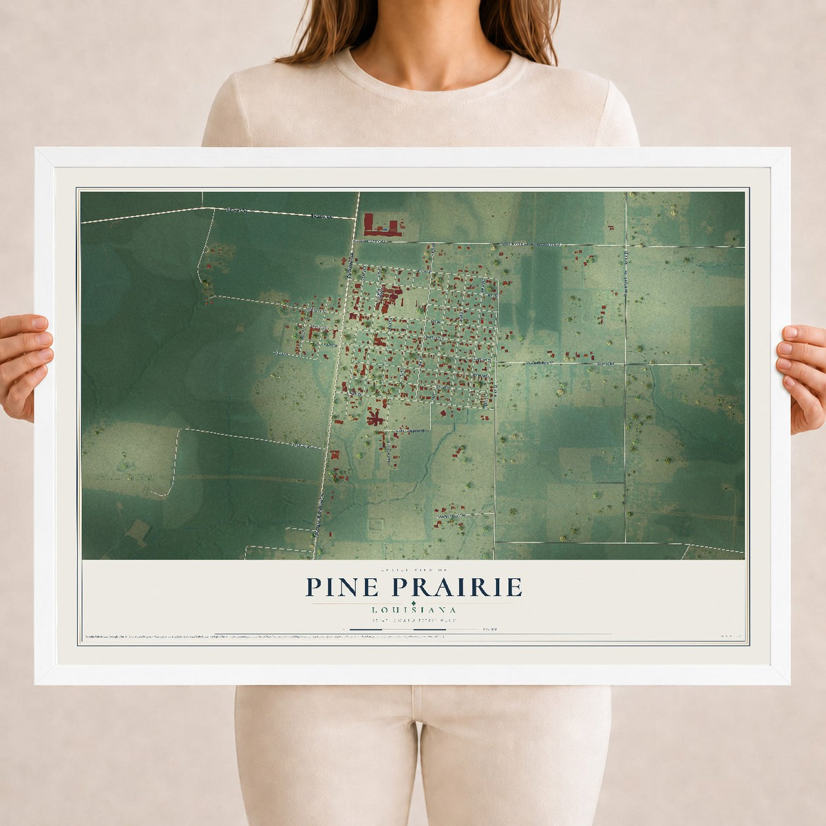 Map of Pine Prairie, Louisiana, 18 x 24 inch print in a white wood frame