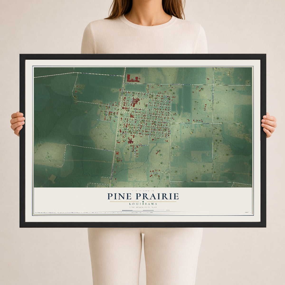Map of Pine Prairie, Louisiana, 24 x 36 inch print in a black wood frame