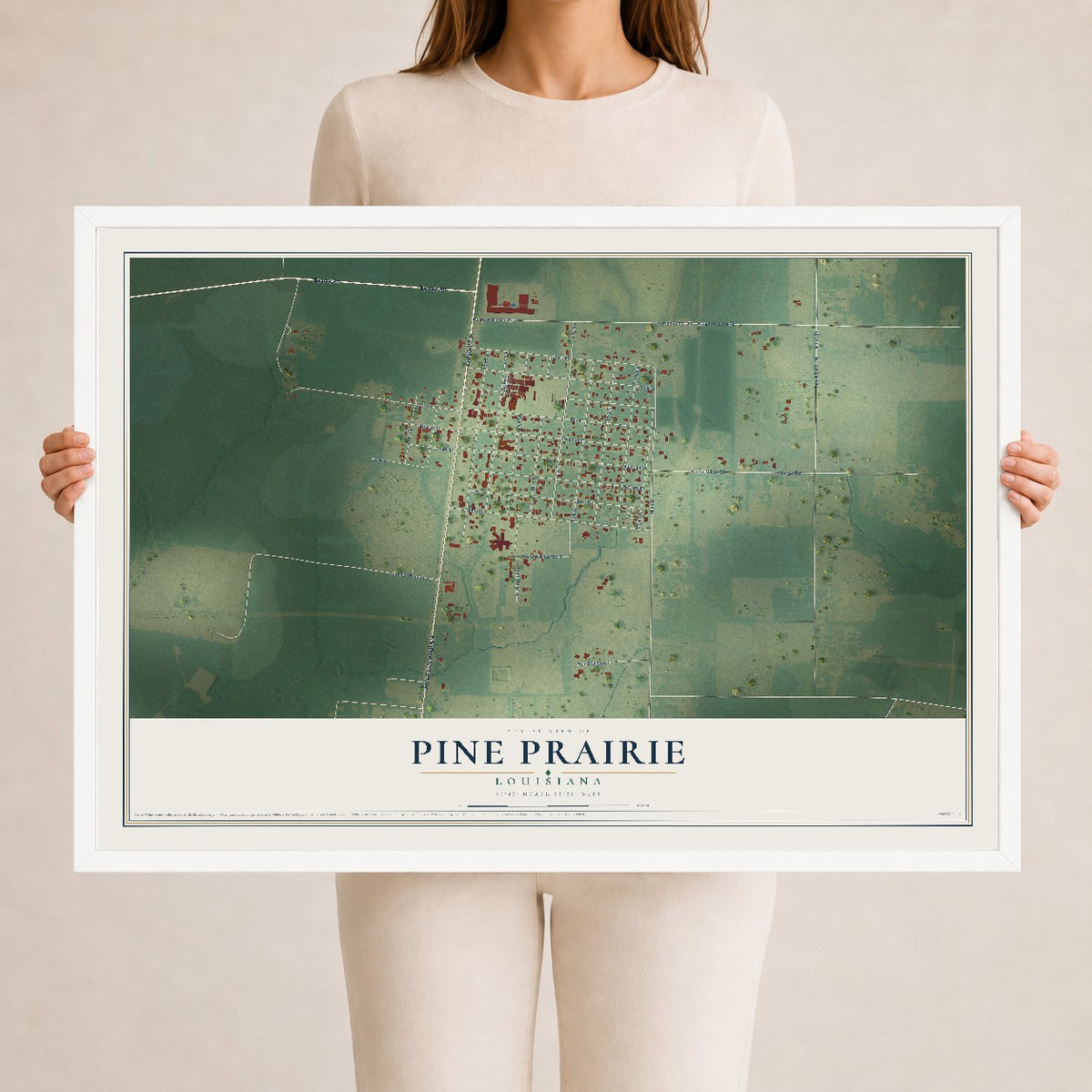 Map of Pine Prairie, Louisiana, 24 x 36 inch print in a white wood frame