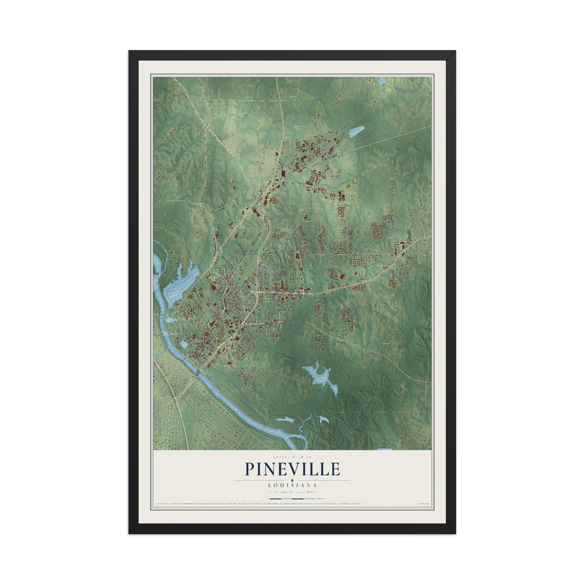 Map of Pineville, Louisiana, 12 x 18 inch print in a black wood frame