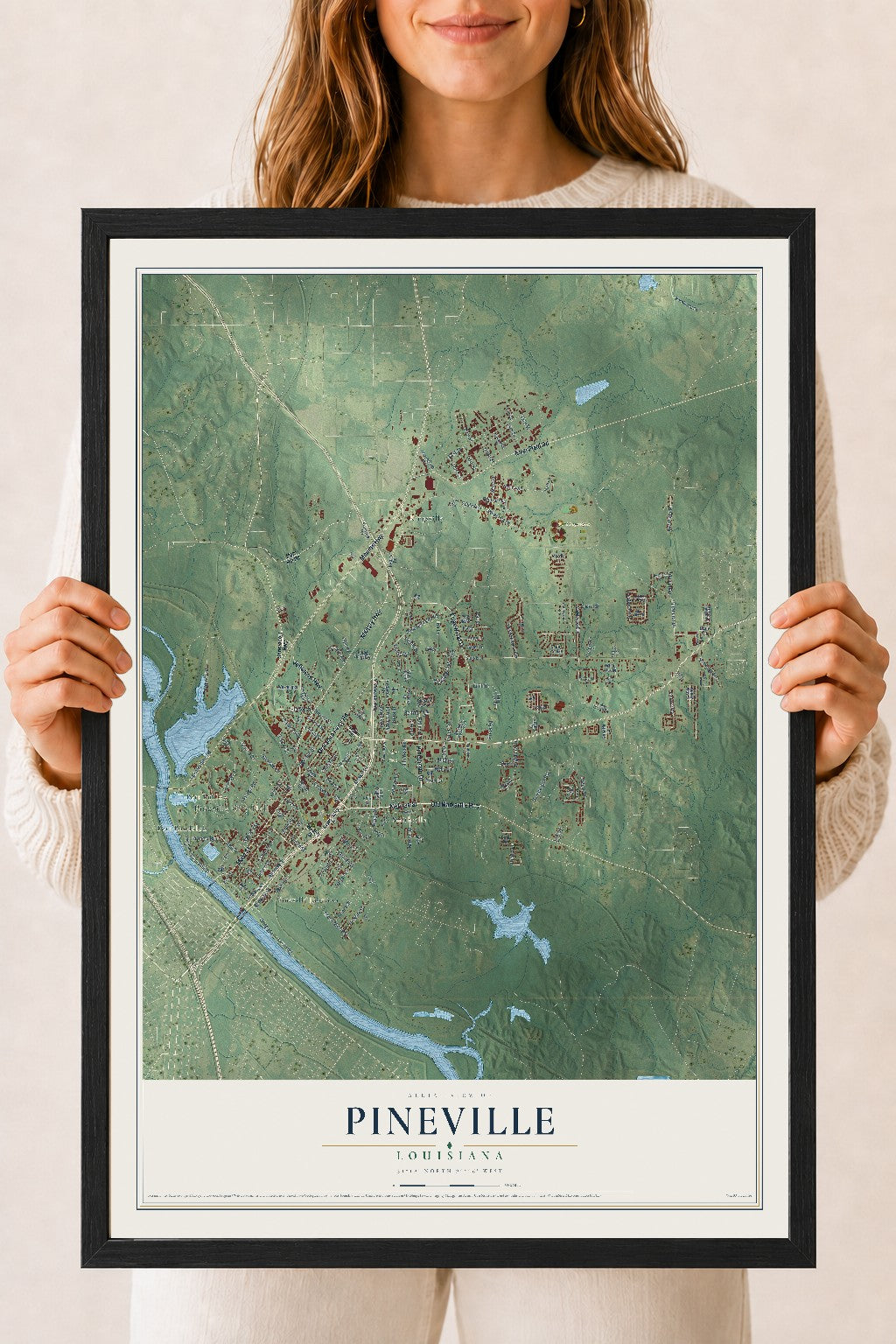 Map of Pineville, Louisiana, 18 x 24 inch print in a black wood frame