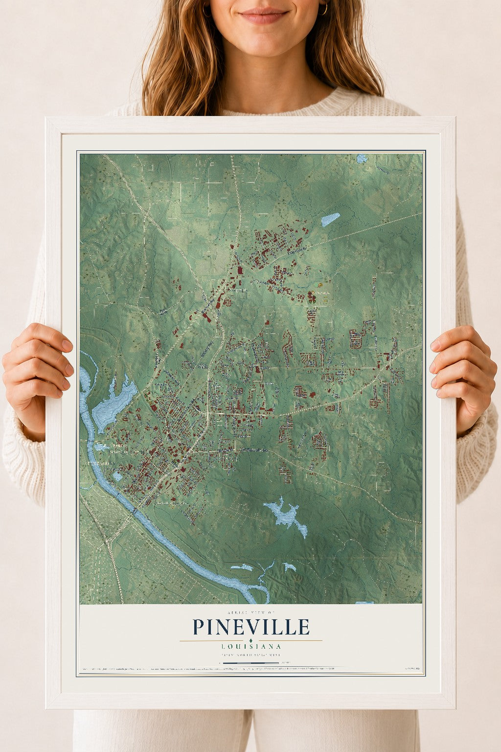 Map of Pineville, Louisiana, 18 x 24 inch print in a white wood frame