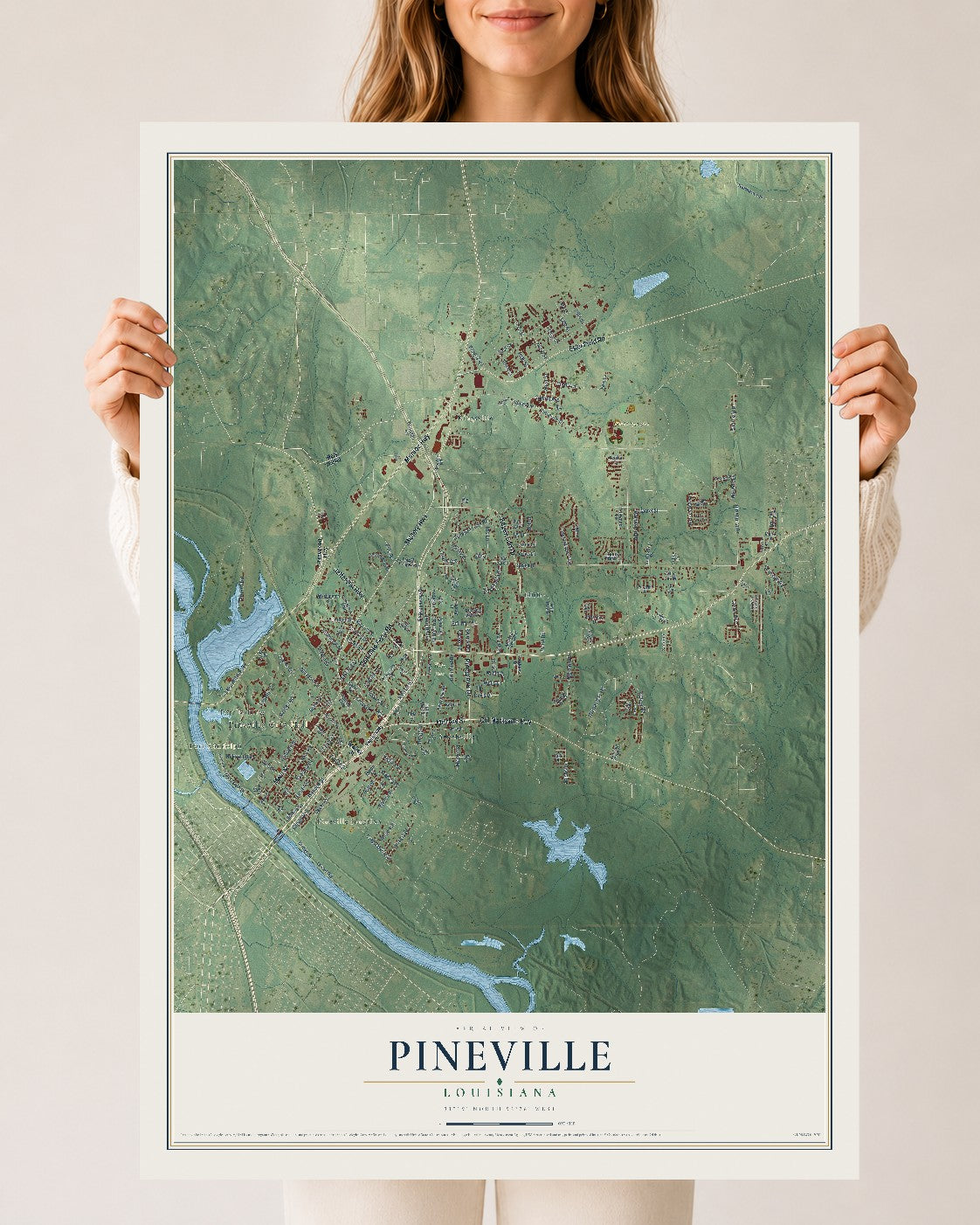 Map of Pineville, Louisiana, 24 x 36 inch unframed archival matte print