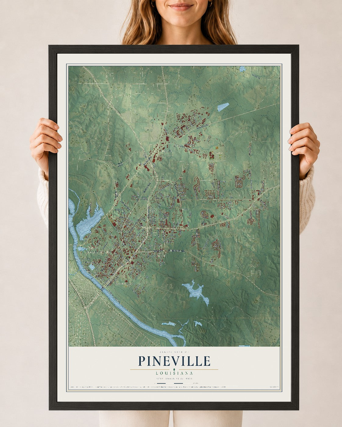 Map of Pineville, Louisiana, 24 x 36 inch print in a black wood frame