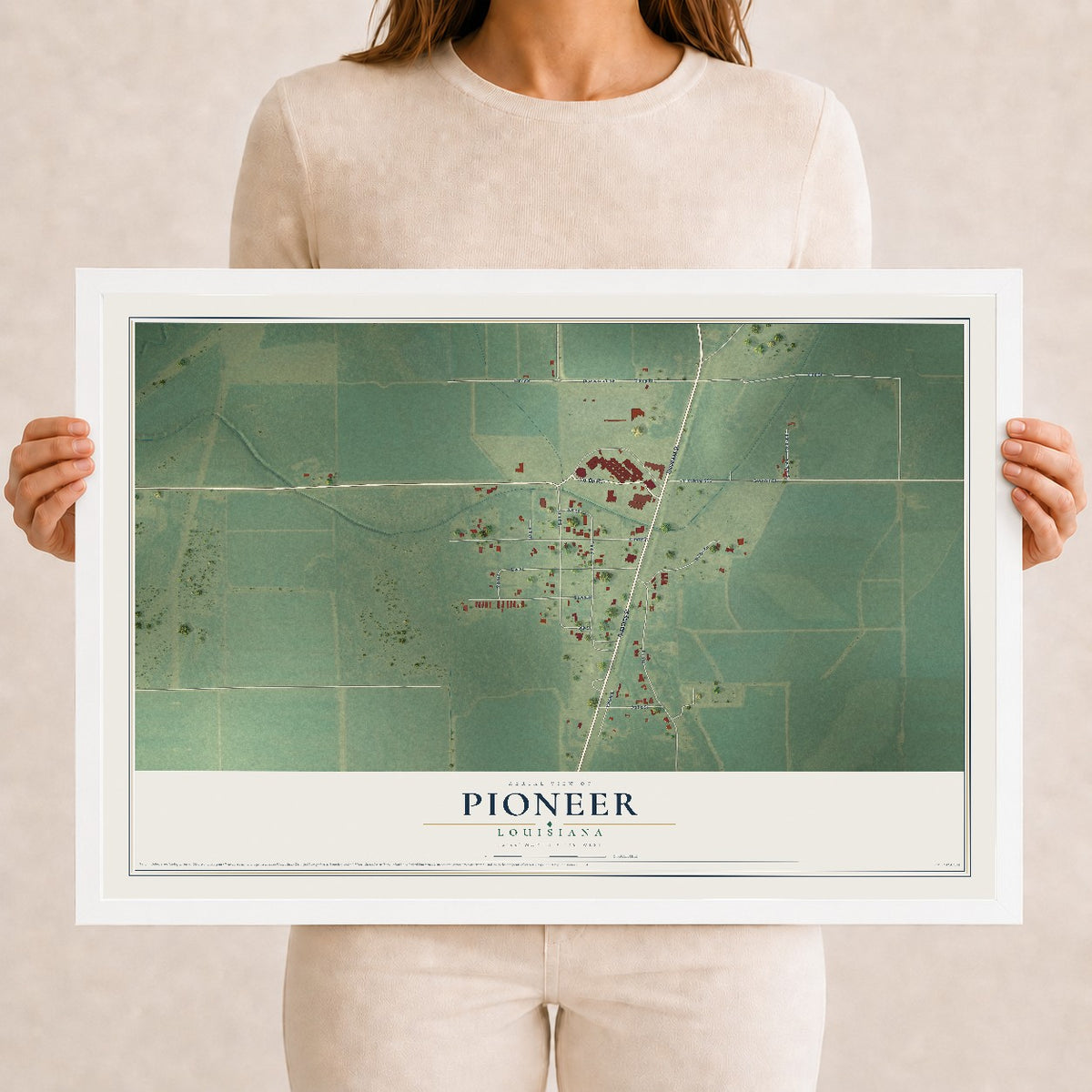 Map of Pioneer, Louisiana, 12 x 18 inch print in a white wood frame