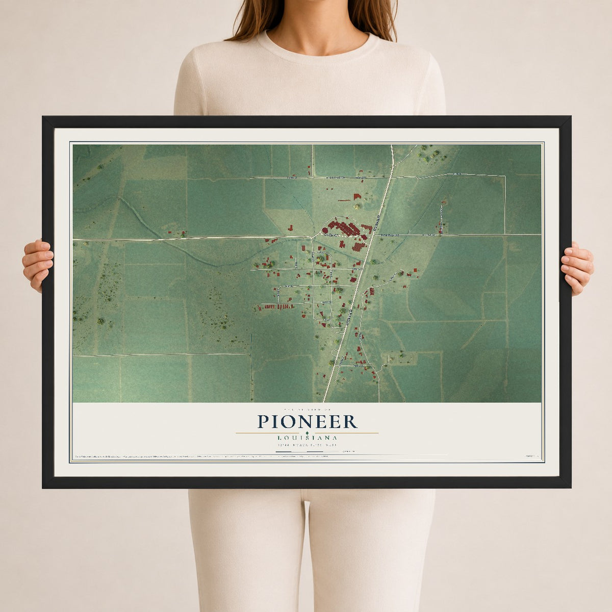 Map of Pioneer, Louisiana, 24 x 36 inch print in a black wood frame