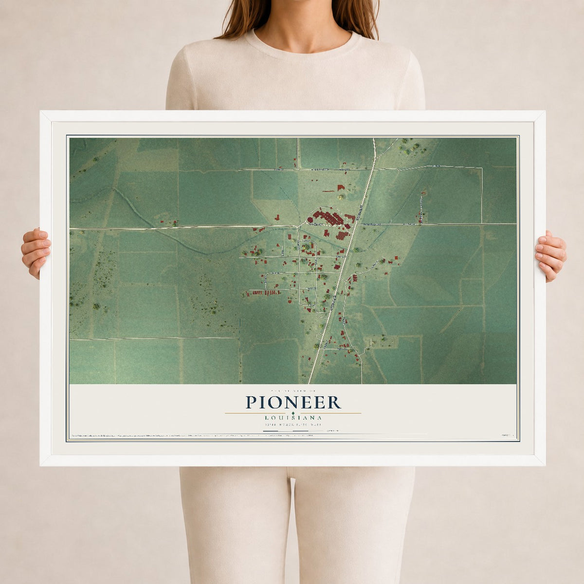Map of Pioneer, Louisiana, 24 x 36 inch print in a white wood frame