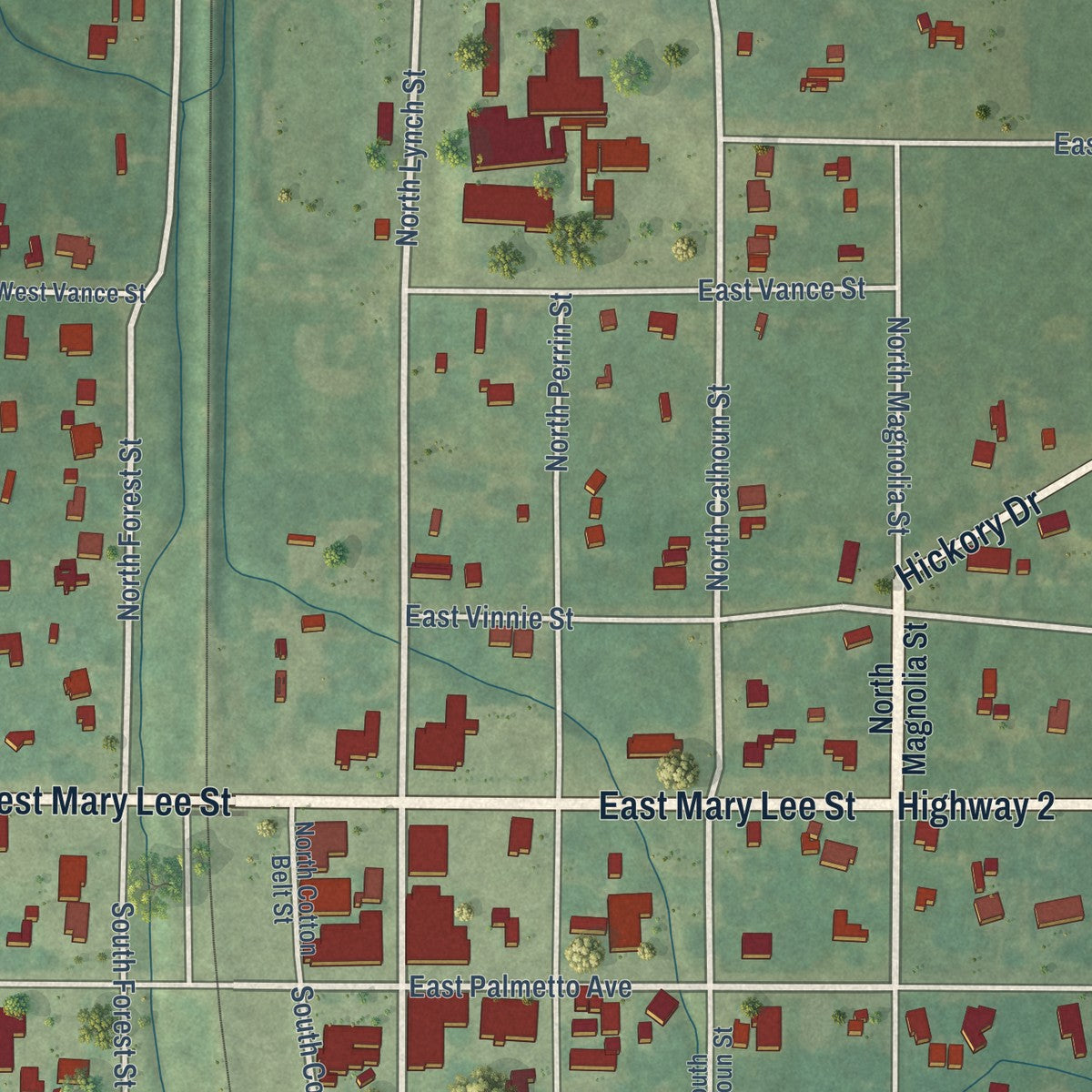 Close-up of the map of Plain Dealing, Louisiana print showing street and building detail