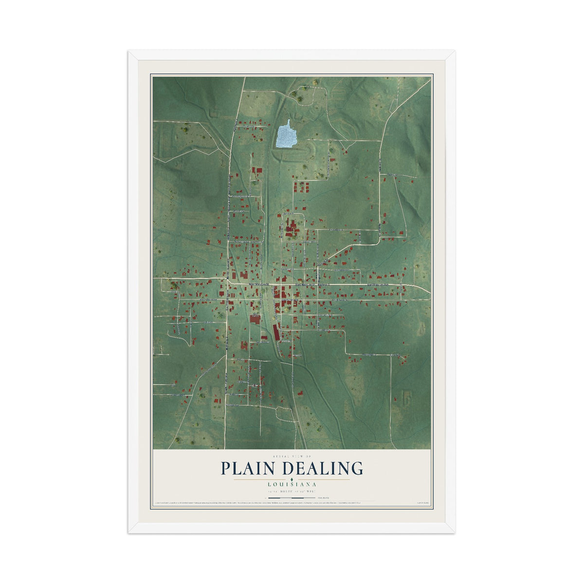 Map of Plain Dealing, Louisiana, 12 x 18 inch print in a white wood frame
