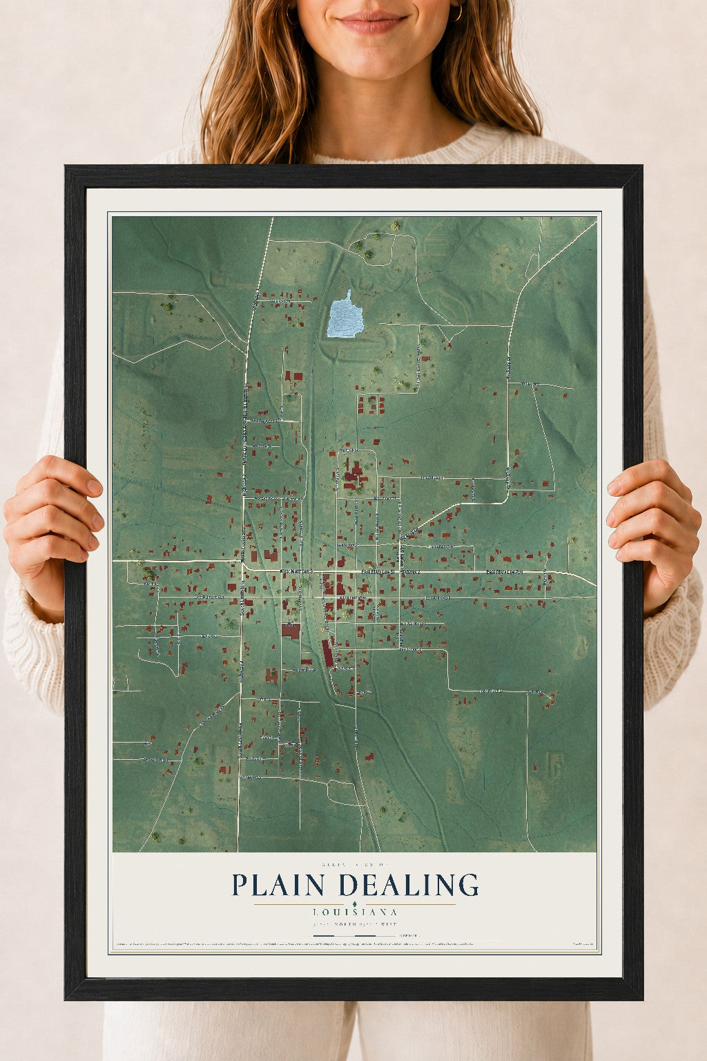 Map of Plain Dealing, Louisiana, 18 x 24 inch print in a black wood frame