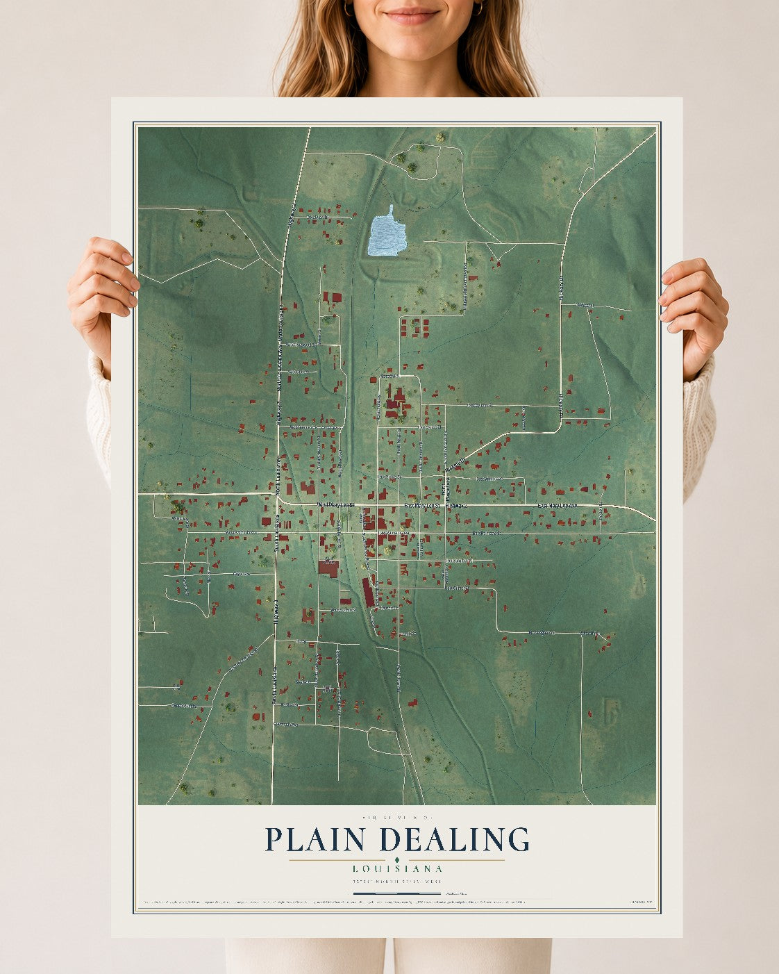 Map of Plain Dealing, Louisiana, 24 x 36 inch unframed archival matte print