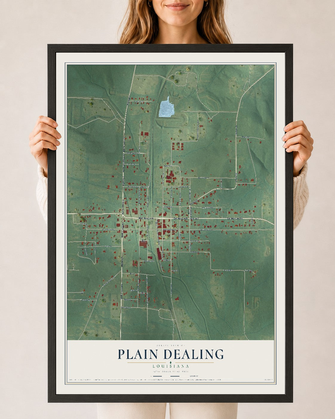 Map of Plain Dealing, Louisiana, 24 x 36 inch print in a black wood frame