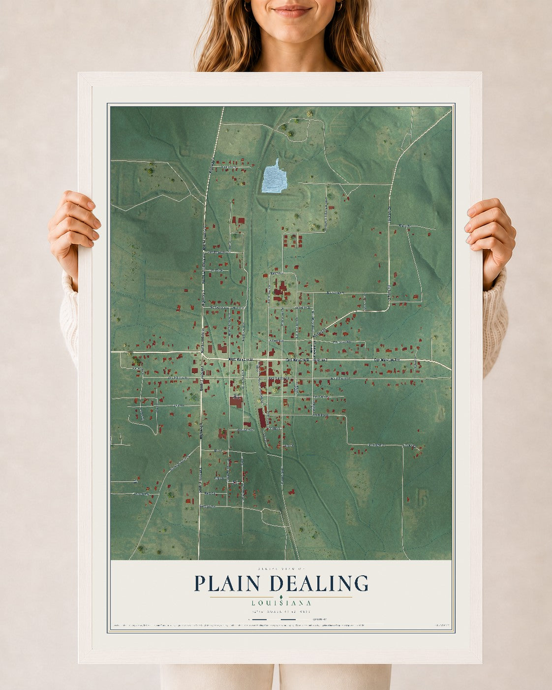 Map of Plain Dealing, Louisiana, 24 x 36 inch print in a white wood frame
