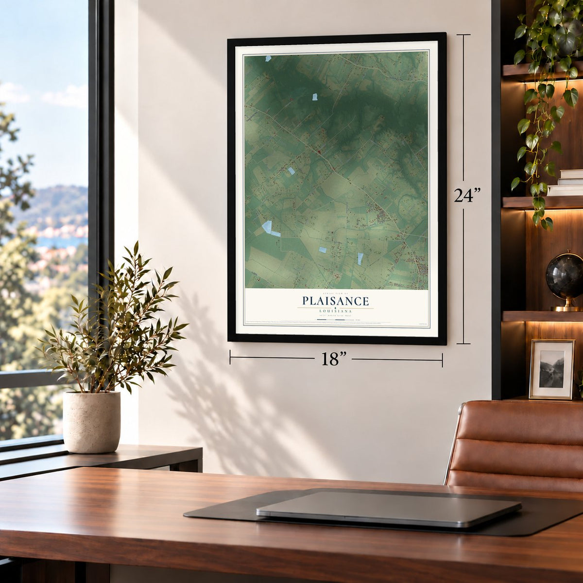 Plaisance, Louisiana map, 18 x 24 inch print in a black frame in a home office