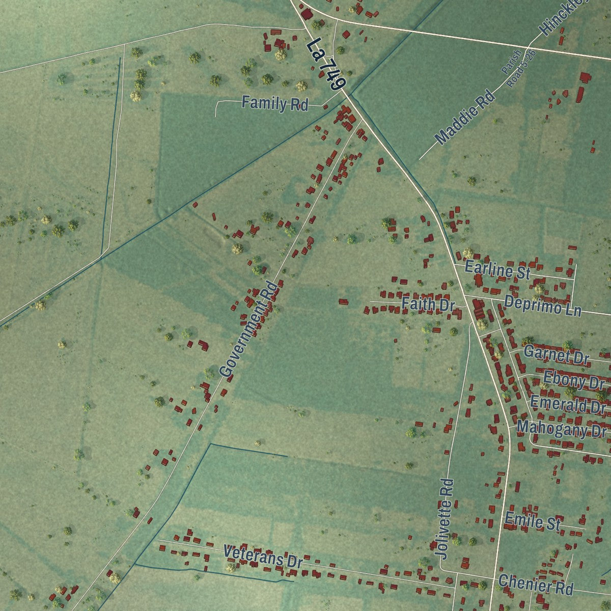 Close-up of the map of Plaisance, Louisiana print showing street and building detail