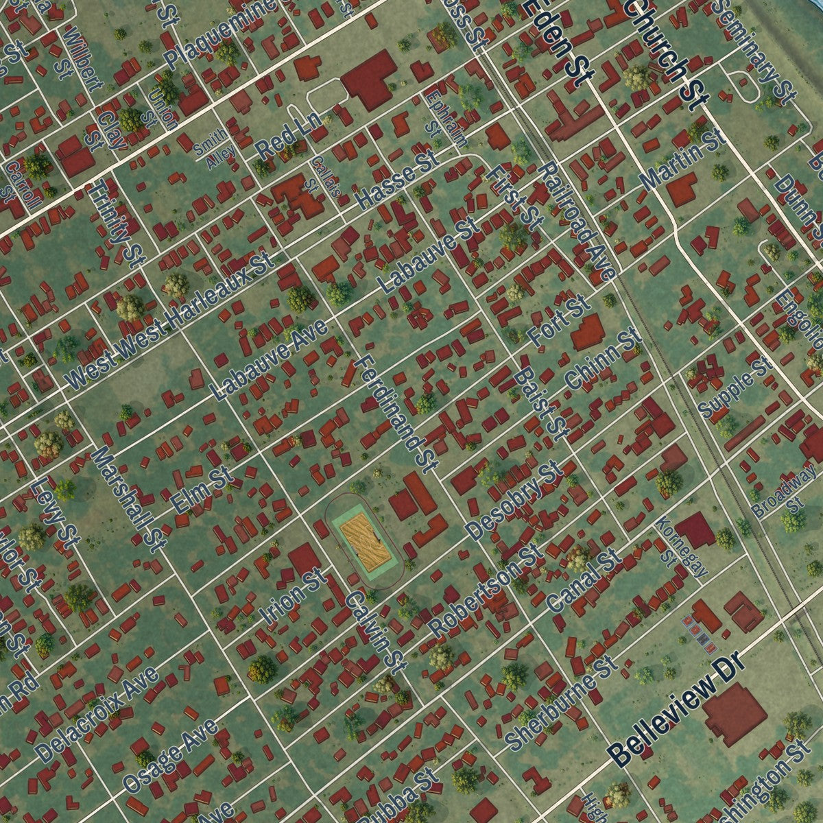Close-up of the map of Plaquemine, Louisiana print showing street and building detail
