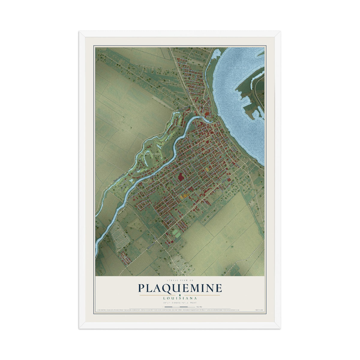 Map of Plaquemine, Louisiana, 12 x 18 inch print in a white wood frame