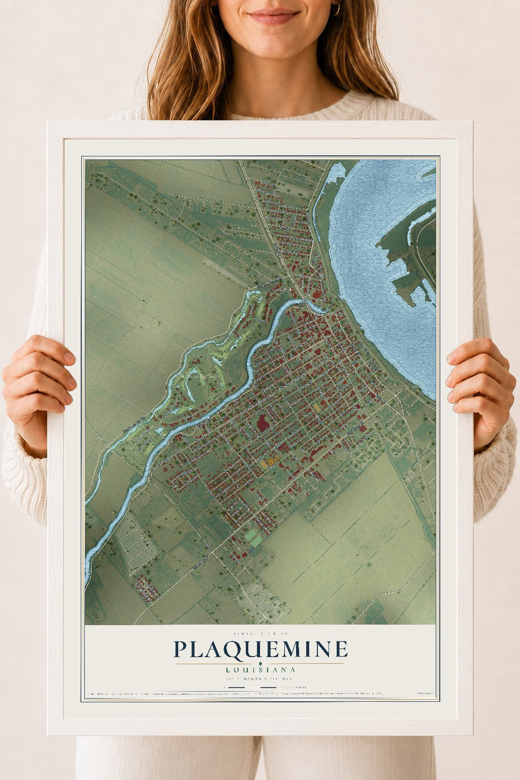 Map of Plaquemine, Louisiana, 18 x 24 inch print in a white wood frame