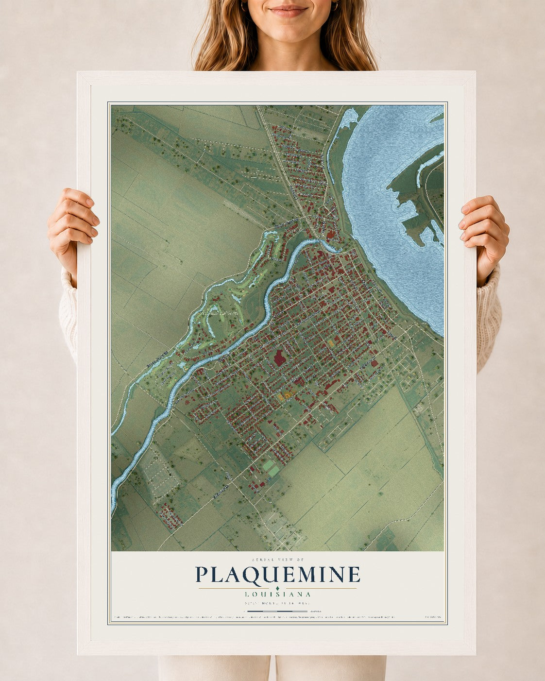 Map of Plaquemine, Louisiana, 24 x 36 inch print in a white wood frame