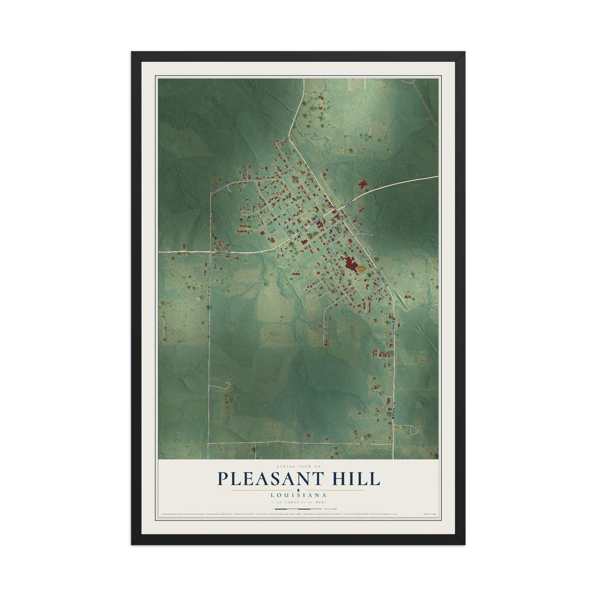 Map of Pleasant Hill, Louisiana, 12 x 18 inch print in a black wood frame