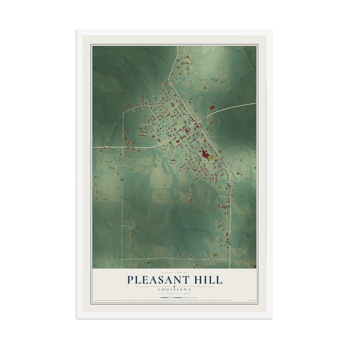 Map of Pleasant Hill, Louisiana, 12 x 18 inch print in a white wood frame