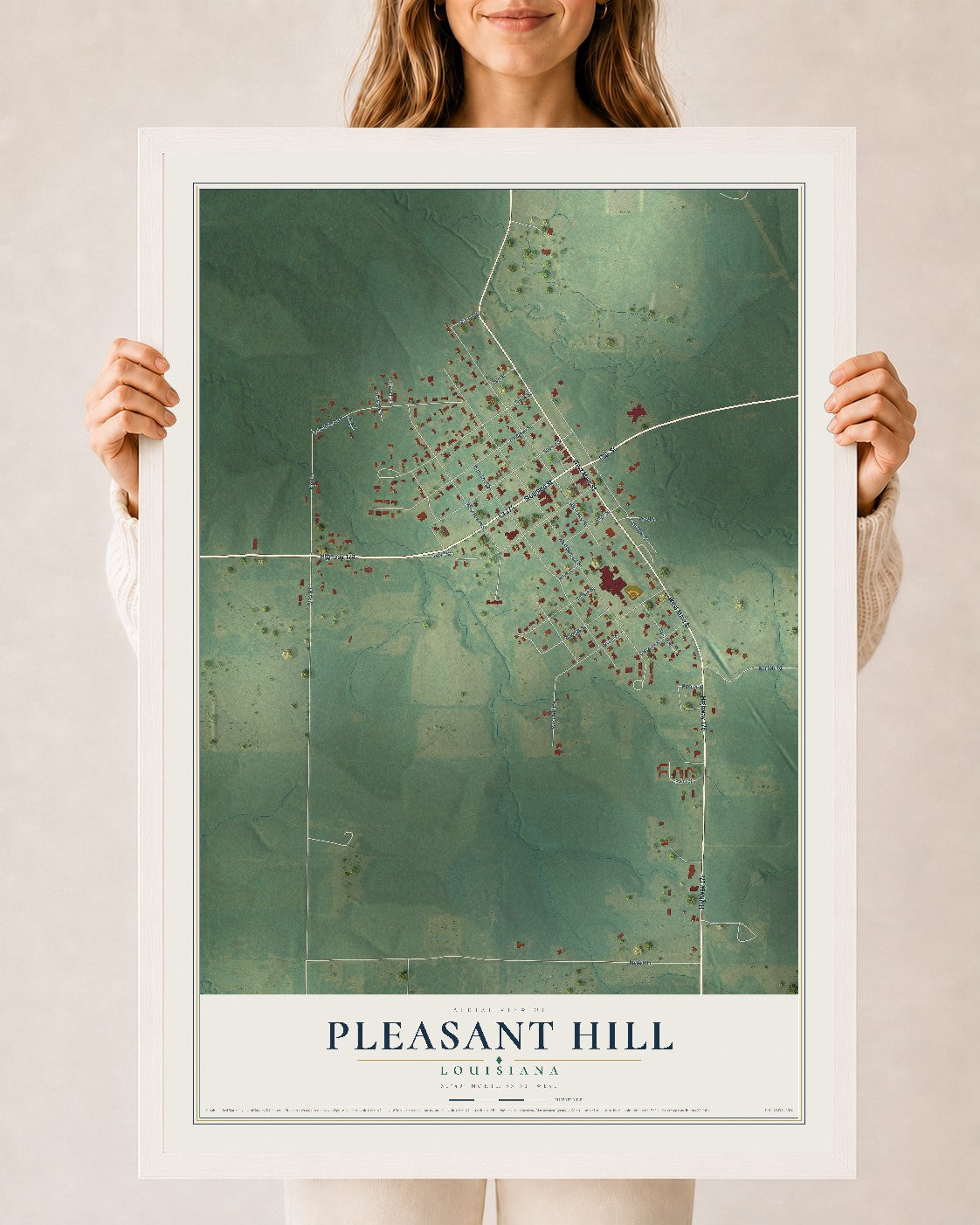Map of Pleasant Hill, Louisiana, 24 x 36 inch print in a white wood frame