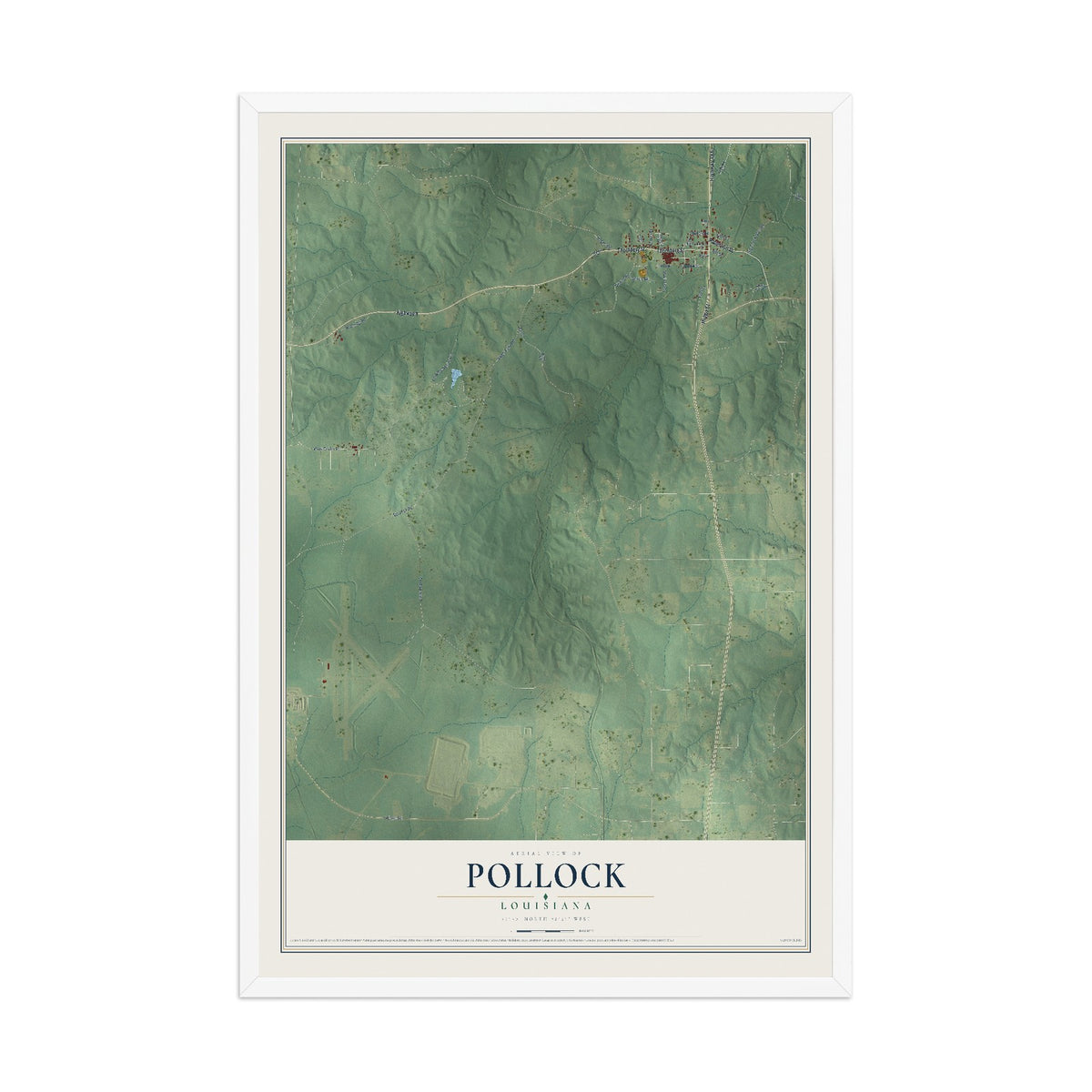 Map of Pollock, Louisiana, 12 x 18 inch print in a white wood frame
