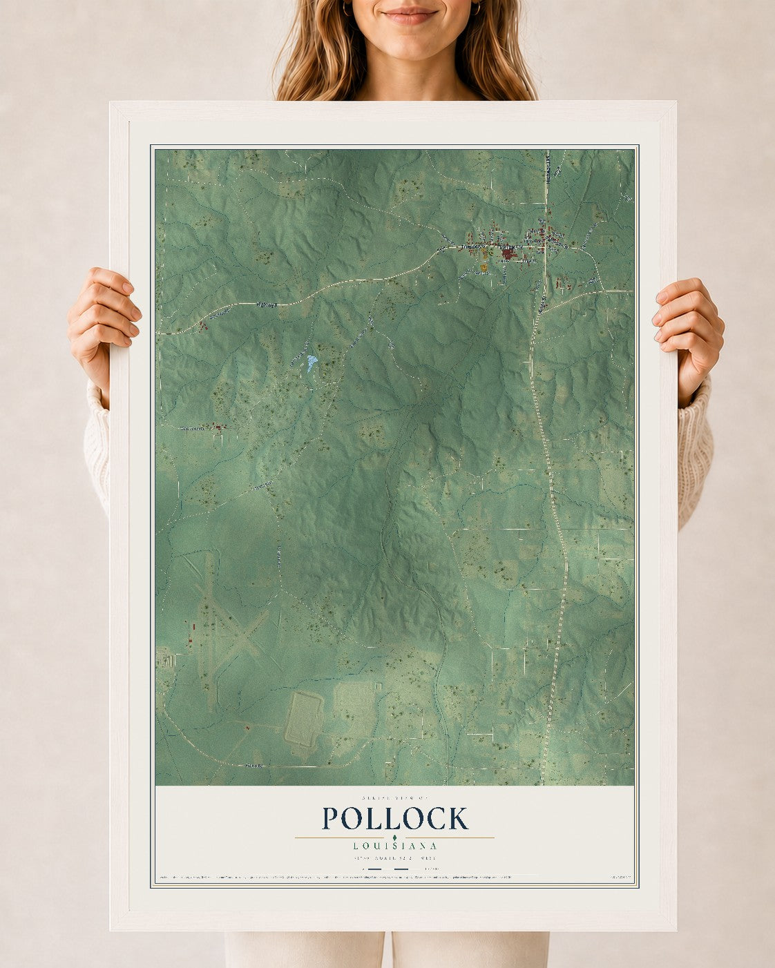 Map of Pollock, Louisiana, 24 x 36 inch print in a white wood frame