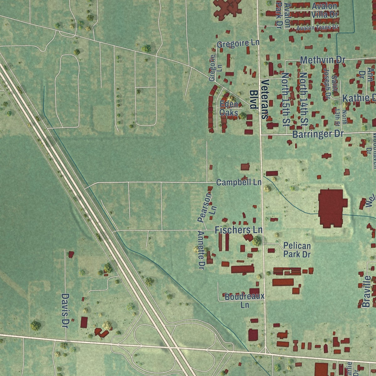 Second close-up of the map of Ponchatoula, Louisiana print showing more streets and buildings