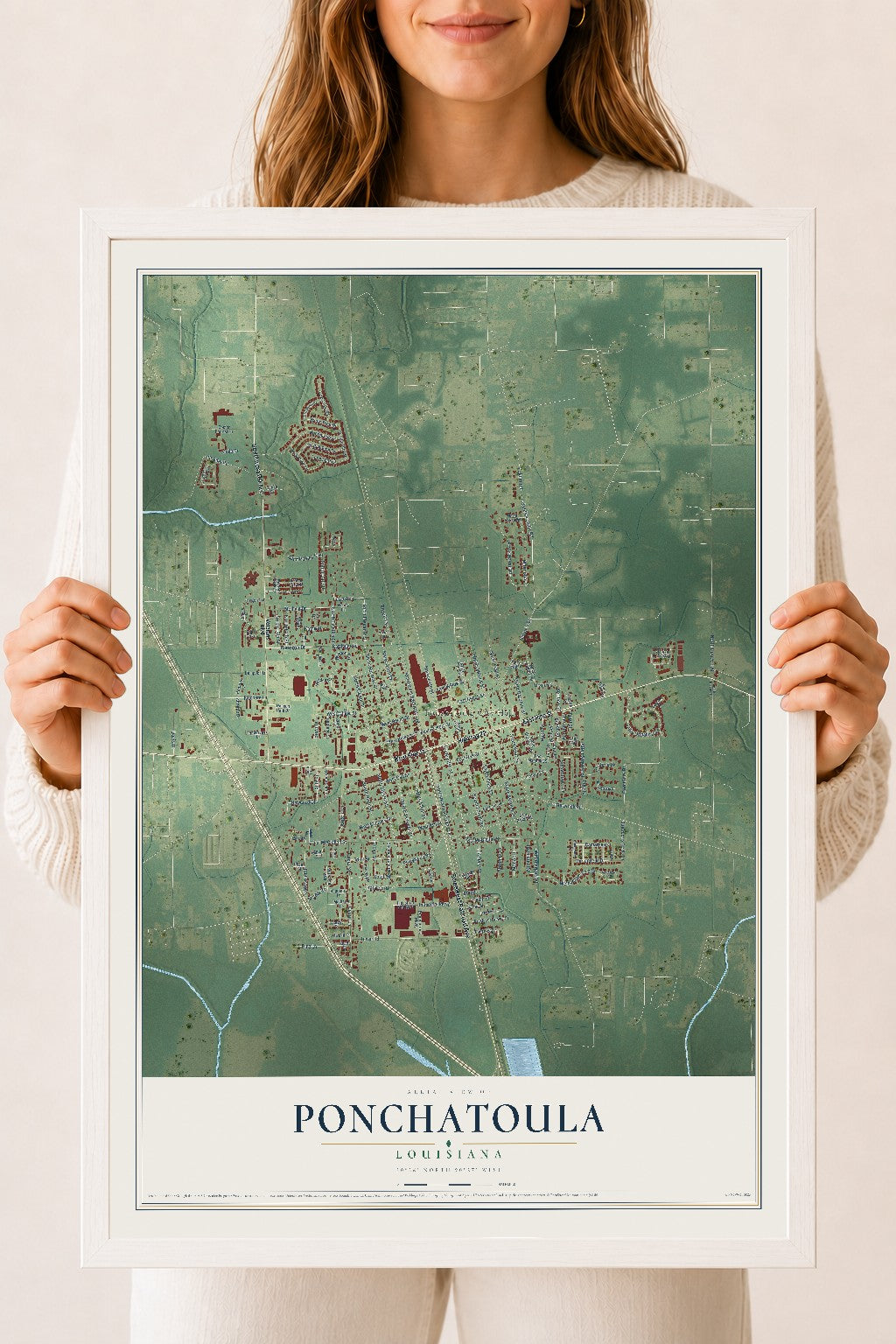 Map of Ponchatoula, Louisiana, 18 x 24 inch print in a white wood frame