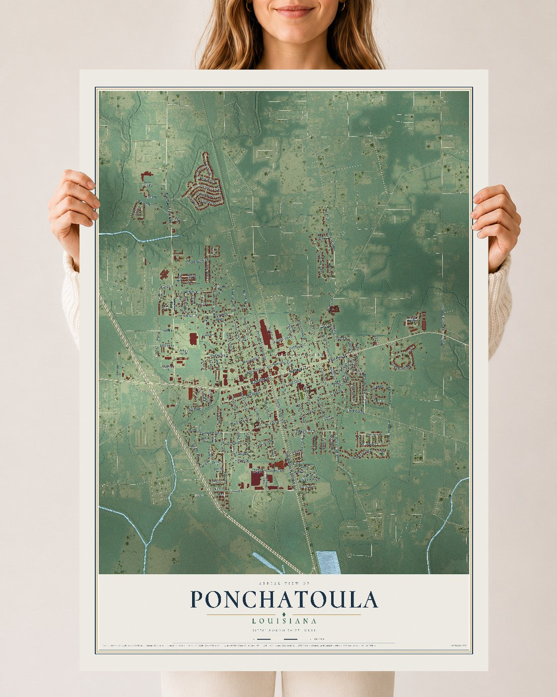 Map of Ponchatoula, Louisiana, 24 x 36 inch unframed archival matte print