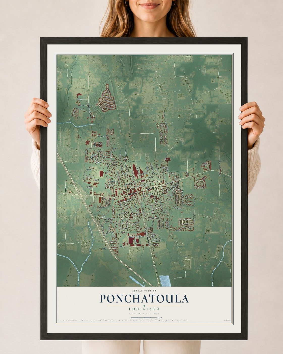Map of Ponchatoula, Louisiana, 24 x 36 inch print in a black wood frame