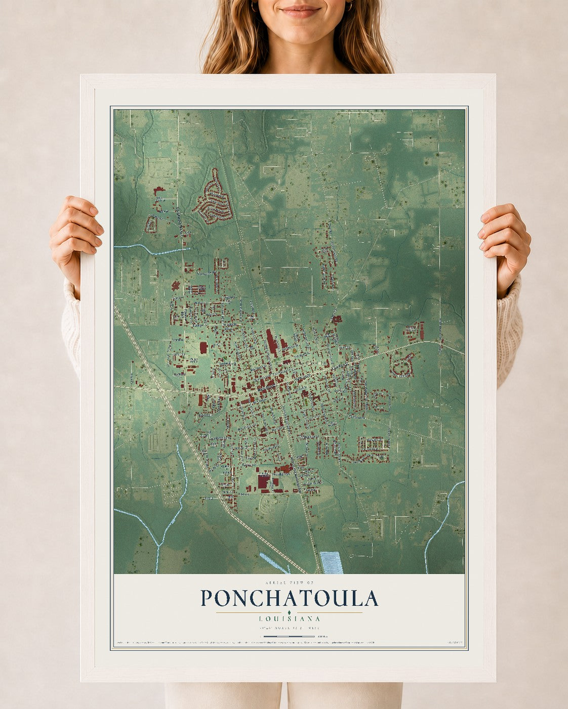 Map of Ponchatoula, Louisiana, 24 x 36 inch print in a white wood frame
