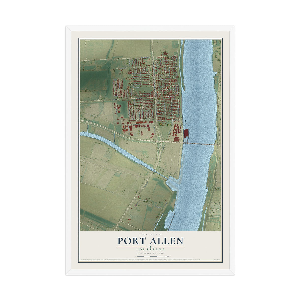 Map of Port Allen, Louisiana, 12 x 18 inch print in a white wood frame